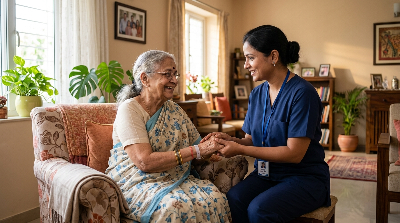 Compassionate Indian caregiver supporting elderly grandmother at home in Gurugram